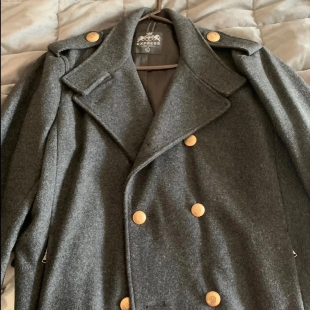 Express Gray Pea Coat with Gold Buttons